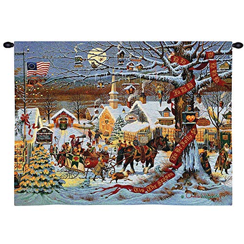 N / A Tapiz de Pared Tapiz de Navidad Pure Country Weavers Town, Pueblo nevado Colonial de Nueva Inglaterra con decoración navideña de Caballos 130×150cm(51×59inch)