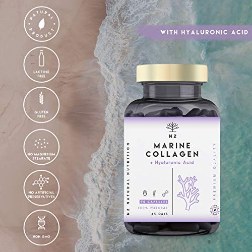 N2 Colágeno Marino Hidrolizado Magnesio Acido Hialurónico Vitamina C Suplemento Articulaciones, Piel Huesos. Colageno PEPTAN 90 Cápsulas de Clorofila. Alta Concentración, 63 g N2 Colágeno Marino Hidrolizado Magnesio Acido Hialurónico Vitamina C Suplemento Articulaciones, Piel Huesos. Colageno PEPTAN 90 Cápsulas de Clorofila. Alta Concentración, 63 g