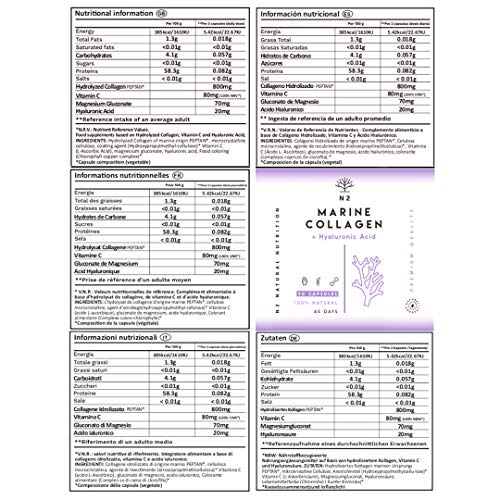 N2 Colágeno Marino Hidrolizado Magnesio Acido Hialurónico Vitamina C Suplemento Articulaciones, Piel Huesos. Colageno PEPTAN 90 Cápsulas de Clorofila. Alta Concentración, 63 g N2 Colágeno Marino Hidrolizado Magnesio Acido Hialurónico Vitamina C Suplemento Articulaciones, Piel Huesos. Colageno PEPTAN 90 Cápsulas de Clorofila. Alta Concentración, 63 g