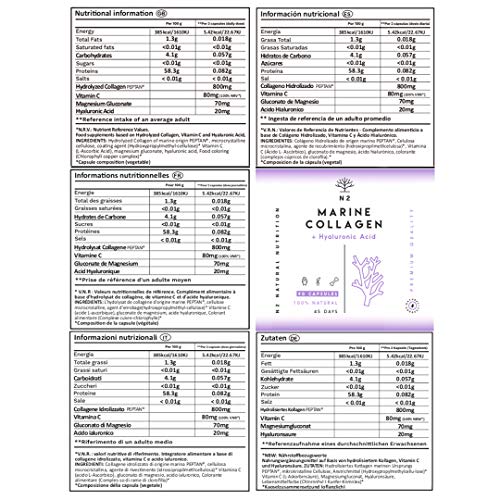 N2 Colágeno Marino Hidrolizado Magnesio Acido Hialurónico Vitamina C Suplemento Articulaciones, Piel Huesos. Colageno PEPTAN 90 Cápsulas de Clorofila. Alta Concentración, 63 g