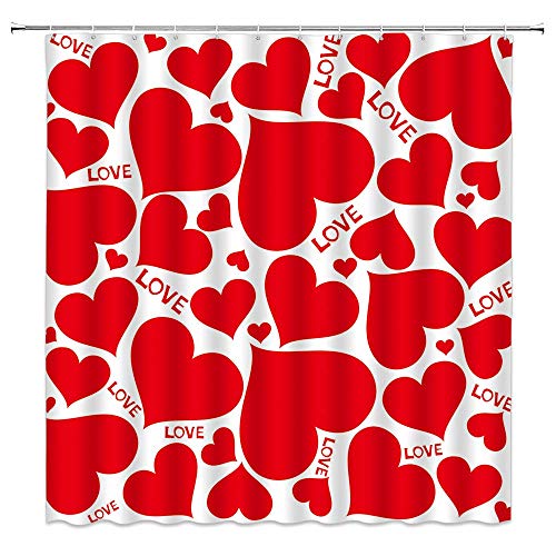 N\A San Valentín Cortina de Ducha Cariño Amor Corazón Beso Signo Garabatos creativos Amante romántico Madre Feliz Niñas Boda Apartamento Decoración Tela Cortina de baño con Ganchos, Rojo Blanco