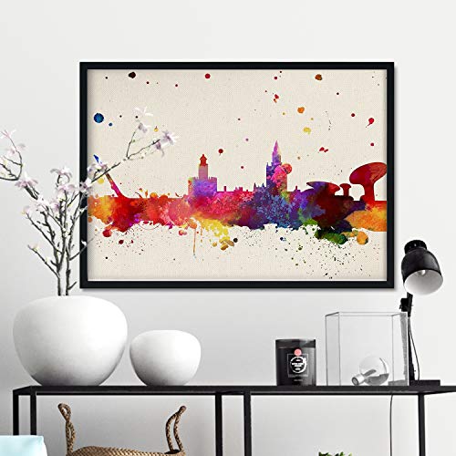 Nacnic Lámina Ciudad de Sevilla. Skyline Estilo Acuarela y explosión de Color. Poster tamaño A3 Impreso en Papel 250 Gramos y tintas Decoración del hogar. Diseño al Mejor Precio.