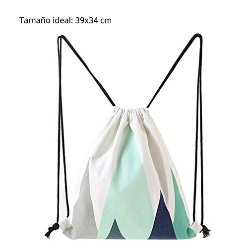 Nacnic Mochila de Asas con diseño (Ambos Lados). Hecha con Tejido Resistente de algodón. Bandolera con Cuerdas. Modelo geometrico Azul Turquesa para Gimnasio, Libros, guarderia, Viajes.