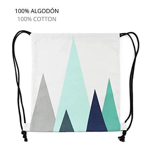 Nacnic Mochila de Asas con diseño (Ambos Lados). Hecha con Tejido Resistente de algodón. Bandolera con Cuerdas. Modelo geometrico Azul Turquesa para Gimnasio, Libros, guarderia, Viajes.