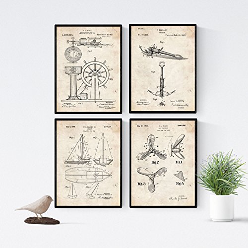 Nacnic Vintage - Pack de 4 Láminas con Patentes de Barcos. Set de Posters con inventos y Patentes Antiguas. Elije el Color Que Más te guste. Impreso en Papel de 250 Gramos de Alta Calidad