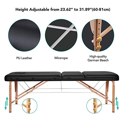 Naipo Mesa de Masaje Camillas de Masaje Plegable de 3 Secciones Camilla Portátil y Profesional con Patas de Madera Respaldo Regulable Bolsa de Transporte Reposacabezas y Apoyabrazos Desmontables