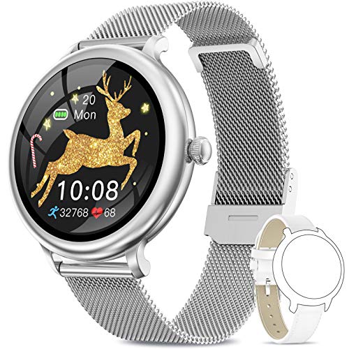 NAIXUES Smartwatch Mujer, Reloj Inteligente Impermeable IP68, Pulsera de Actividad Inteligente con Monitor de Sueño Pulsómetro Podómetro Contador de Caloría para Android iOS (Plata)