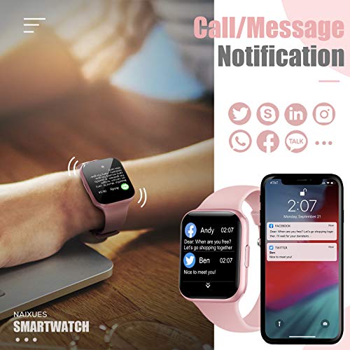 NAIXUES Smartwatch, Reloj Inteligente Impermeable IP68 para Mujer, Reloj Deportivo con Monitor de Sueño Pulsómetro Podómetro Notifica Whatsapp, Pulsera Actividad Inteligente para Android iOS (Rosa)