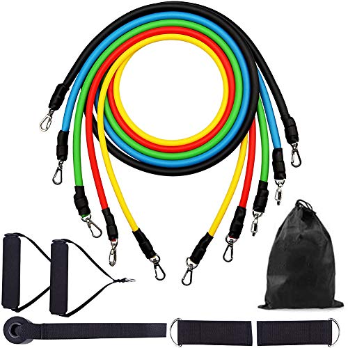 NALCY Bandas de Resistencia, Bandas Ejercicio, 100lbs Bandas de Resistencia Set, con 5 Bandas Resistencia, 2 Manijas, 2 Correas de Tobillo, Ancla de Puerta, para Culturismo, Yoga, Hombre y Mujer