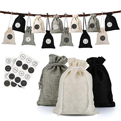 Naler 24 Bolsas de Yute de Lino Sacos de Regalo para Joyas Caramelo Dulces con Pegatinas Números (10x14cm, Beige, Gris, Negro)