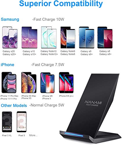 NANAMI Cargador Inalámbrico Rápido,Qi Wireless Charger (con Adaptador QC 3.0) para iPhone 12/11/11 Pro/11 Pro MAX/XS MAX/XR/XS/X/8+/8,10W Carga Rápida para Galaxy S20/S10/S10E/S9/S9+/S8/S7/Note 10/9/8