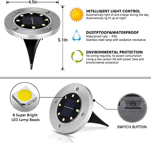 Nasharia 8 Pack Luces Solar de Tierra Luz,Luces Solares Jardin 8 led Lámpara en el Exterior,Luz Solar De Jardín Lámpara Solar LED para el Suelo Luces Solares para Exterior Jardin IP55impermeables