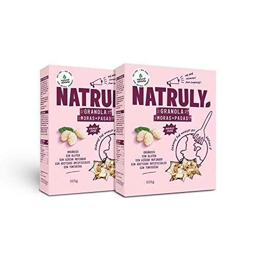 NATRULY Granola BIO de Frutos Secos y Semillas Sin Cereales, Sin Gluten y Sin Azúcar Refinado, Vegana, Sabor Moras y Pasas -Pack2x325g