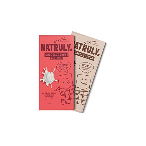 NATRULY Tableta de Chocolate sin Azúcar y sin Edulcorantes | Endulzado con Fibra de Achicoria -Pack 1 Chocolate con Leche + 1 Cacao 72%