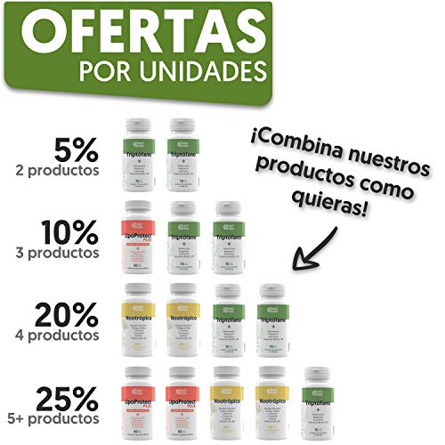 Natural Triptófano con Melatonina y Espirulina para mejorar el sueño, reducir la ansiedad, aumentar la energía, la concentración y el bienestar - 70 Comprimidos