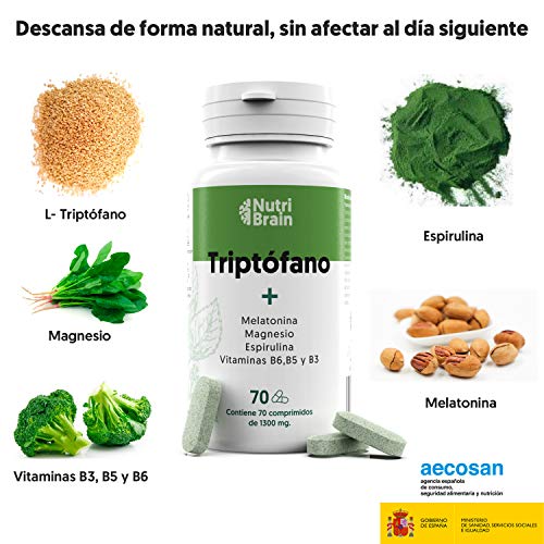 Natural Triptófano con Melatonina y Espirulina para mejorar el sueño, reducir la ansiedad, aumentar la energía, la concentración y el bienestar - 70 Comprimidos