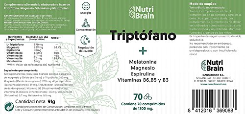 Natural Triptófano con Melatonina y Espirulina para mejorar el sueño, reducir la ansiedad, aumentar la energía, la concentración y el bienestar - 70 Comprimidos