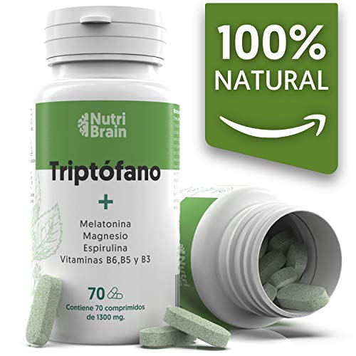 Natural Triptófano con Melatonina y Espirulina para mejorar el sueño, reducir la ansiedad, aumentar la energía, la concentración y el bienestar - 70 Comprimidos