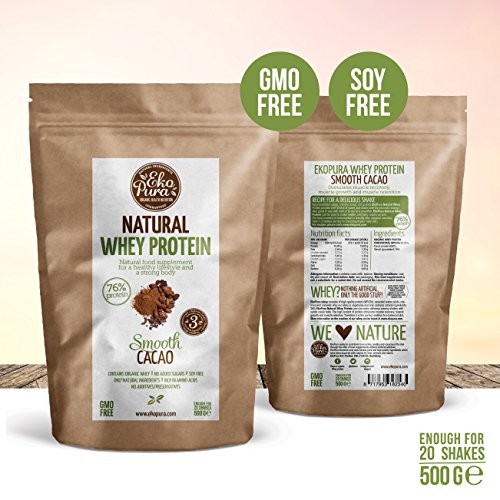 Natural Whey Protein - Smooth Cacao - 76% Proteína - Proteína de suero Orgánico - Sin Aditivos - Libre de GMO - Sin Soja - 500g