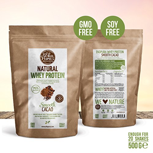 Natural Whey Protein - Smooth Cacao - 76% Proteína - Proteína de suero Orgánico - Sin Aditivos - Libre de GMO - Sin Soja - 500g Natural Whey Protein - Smooth Cacao - 76% Proteína - Proteína de suero Orgánico - Sin Aditivos - Libre de GMO - Sin Soja - 500g