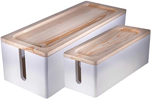 Nature Supplies 2 Cajas para Organizar Cables Hecha en Madera de Pino - 1 Caja Organizadora Mediana para Escritorio, 1 Organizador Grande para Piso (Blanco)