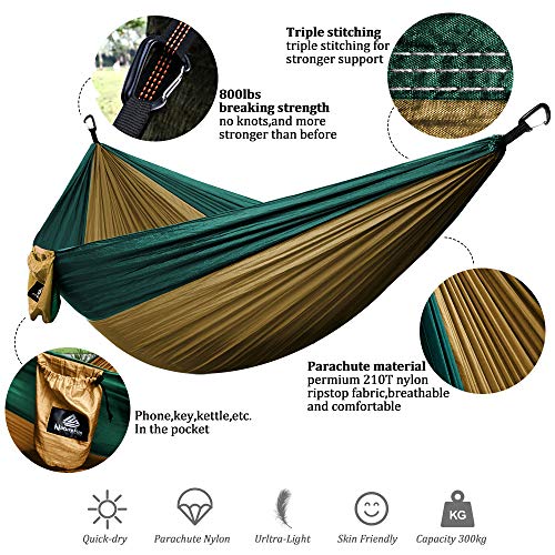 NatureFun Hamaca ultraligera para camping| 300kg de capacidad de carga, (300 x 200 cm) Estilo paracaídas de Nylon, transpirable y de secado rápido. 2 mosquetones premium, 2 eslingas de nylon incluidas