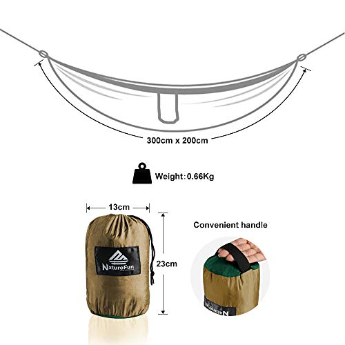 NatureFun Hamaca ultraligera para camping| 300kg de capacidad de carga, (300 x 200 cm) Estilo paracaídas de Nylon, transpirable y de secado rápido. 2 mosquetones premium, 2 eslingas de nylon incluidas