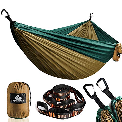 NatureFun Hamaca ultraligera para camping| 300kg de capacidad de carga, (300 x 200 cm) Estilo paracaídas de Nylon, transpirable y de secado rápido. 2 mosquetones premium, 2 eslingas de nylon incluidas