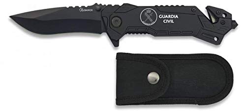 Navaja grabada GUARDIA CIVIL Negra Mango de Aluminio y Hoja de 8,1 cm cm para Camping, Caza, Pesca, Supervivencia y Bushcraft Albainox 19520GR257 + Portabotellas de regalo