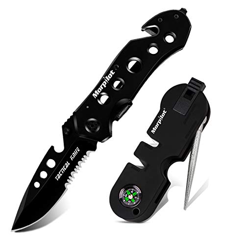 Navaja morpilot Navaja 5 en 1 Multiusos, con Afilador de Cuchillo, Navaja Caza Pesca, Cuchillo Supervivencia Acero Inoxidable, con Silbato y Brújala, para Actividades Exteriores