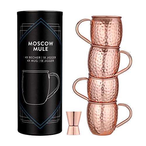 Navaris 4X Taza de Cobre para Moscow Mule - Set de jarras de Acero Inoxidable Chapado en Cobre de 500 ML - Tazas para Bebidas frías con Vaso medidor