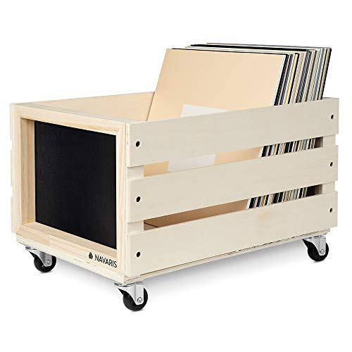 Navaris Caja para discos de vinilo - Mueble de madera con ruedas porta vinilos - Estilo vintage con pizarra para anotar - Soporte de almacenaje