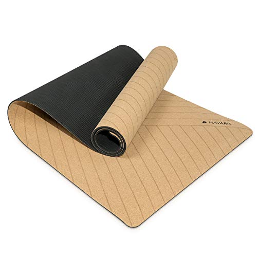 Navaris Esterilla de Yoga de Corcho Antideslizante - Alfombra para Entrenamiento de Gimnasia - Colchoneta de 183 x 61 x 0.5CM con Correa de Transporte