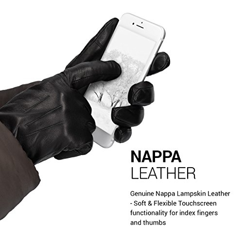 Navaris Guantes con función táctil 100% cuero de napa para hombre - Piel de cordero con forro de cachemir