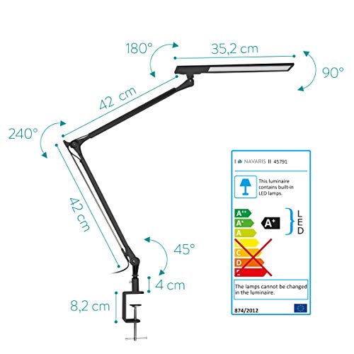 Navaris lámpara LED de escritorio - Luz plegable de aluminio con soporte fijo para mesa - Iluminación LED 10W 700LM con brillo ajustable en negro