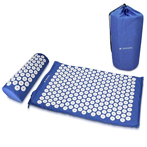 Navaris Set de masaje de acupresión - Esterilla de acupuntura y almohada - Manta para alivio de contracturas musculares dolor muscular Azul y blanco