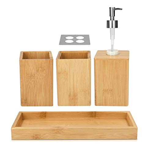 Navaris Set para el baño de bambú - Juego 4 Accesorios para Lavabo - Kit de 4 Piezas - 1x dispensador de jabón 1x Porta Cepillo 1x Vaso 1x Bandeja