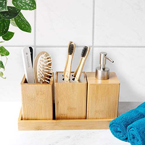 Navaris Set para el baño de bambú - Juego 4 Accesorios para Lavabo - Kit de 4 Piezas - 1x dispensador de jabón 1x Porta Cepillo 1x Vaso 1x Bandeja Navaris Set para el baño de bambú - Juego 4 Accesorios para Lavabo - Kit de 4 Piezas - 1x dispensador de jabón 1x Porta Cepillo 1x Vaso 1x Bandeja