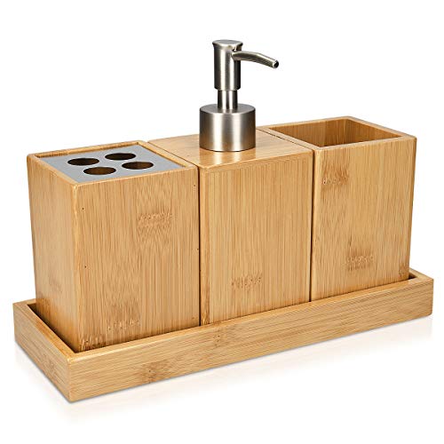 Navaris Set para el baño de bambú - Juego 4 Accesorios para Lavabo - Kit de 4 Piezas - 1x dispensador de jabón 1x Porta Cepillo 1x Vaso 1x Bandeja