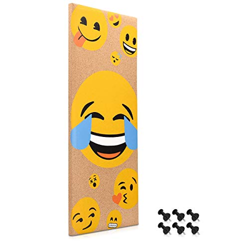 Navaris tablero de corcho con diseño de emojis - Pizarra de corcho de 25x60x2CM - Tablón para colgar anuncios con 6 chinchetas y set de montaje