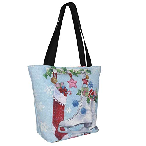 Navidad Calcetín Patines Copos de Nieve Tema de Navidad Impreso Mujeres Lona Bolso Cremallera Bolso de Hombro Bolsa de Trabajo Libros Bolso Bolso de Ocio Hobo Bolsa Para Compras