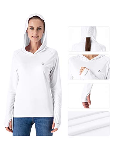 NAVISKIN Playera Casual UPF 50+ con Capucha para Mujer Camiseta Deportiva de Manga Larga Térmica Acampada Campismo Senderismo Deporte Marcha Ligera Secado Rápido, Blanco L