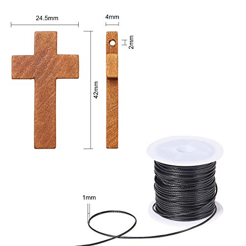 NBEADS 50 PCS Colgantes de Cruz de Madera con 1 Rollos de Cordón de Poliéster Encerado para Dijes con Dijes Cruzados Artesanías de Fiesta de Cruz de Madera Natural Proyectos de Joyería de Bricolaje