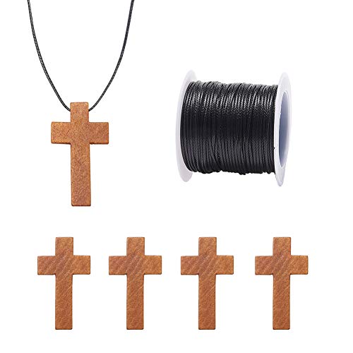 NBEADS 50 PCS Colgantes de Cruz de Madera con 1 Rollos de Cordón de Poliéster Encerado para Dijes con Dijes Cruzados Artesanías de Fiesta de Cruz de Madera Natural Proyectos de Joyería de Bricolaje