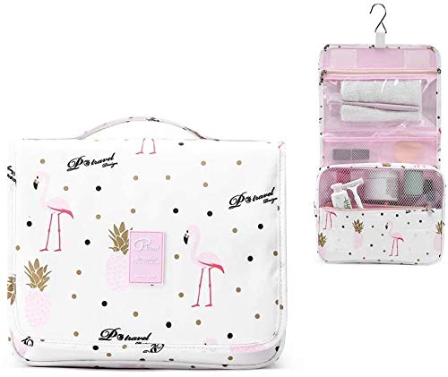 Neceser de Maquillaje Flamenco Bolsa de Cosméticos Impermeable Bolsa de Almacenamiento, Bolsa Portátil de Lavado de Viaje, Bolsa Maquillaje Gran Capacidad Bolsa de Aseo con Gancho para Mujer, Blanco