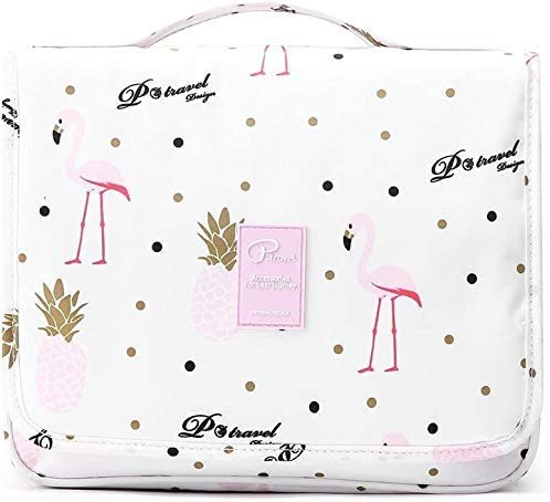 Neceser de Maquillaje Flamenco Bolsa de Cosméticos Impermeable Bolsa de Almacenamiento, Bolsa Portátil de Lavado de Viaje, Bolsa Maquillaje Gran Capacidad Bolsa de Aseo con Gancho para Mujer, Blanco