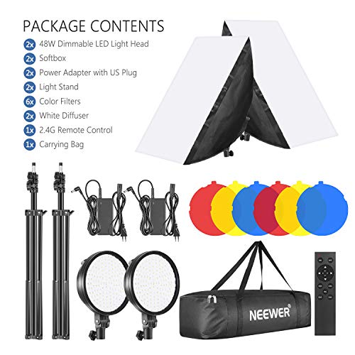 Neewer 2-Pack Kit Iluminación LED 2,4G Softbox con Filtro Color 51,1x71cm Softbox 3200-5600K 48W Cabezal de Luz LED Regulable con Control Remoto 2,4G Soporte Luz Filtro Rojo Amarillo Azul para Vídeo