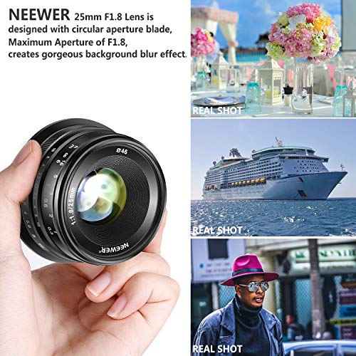 Neewer 25mm f/1.8 Objetivo Manual Principal Fijo Lente para Fujifilm APS-C Cámaras Digitales sin Espejo XPro2 XE3 XH2 X100T X100S XH1 XF2 XPro1, Todo Metal Construcción (Negro)