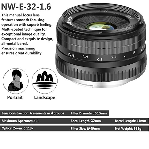 Neewer 32mm F/1,6 Enfoque Manual Objetivo Principal Afilado Alta Apertura,para Sony E-Mount APS-C Sony A7III A9 NEX 3 3N 5 NEX 5T NEX 5R NEX 6 7 A5000 A5100 A6000 A6100 A6300 A6500