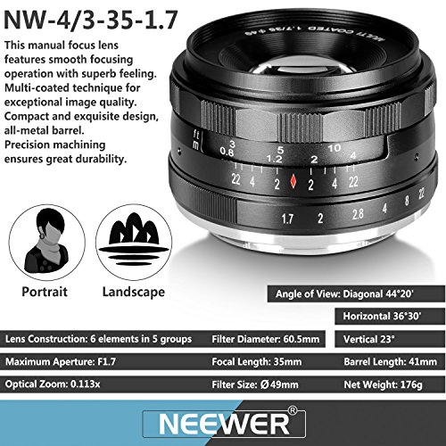 Neewer® 35mm f/1.7 Enfoque Manual Primer Lente Fija para OLYMPUS y PANASONIC APS-C Cámaras Digitales, Tal como OLYMPUS: E-M1/M5/M10, E-P5E-PL3/PL5/PL6/PL7, PANASONIC: GM1/2, GX1/2/7/8, GF5/6/7